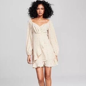 AND NOW THIS Ruffle Pleated A-Line Mini Dress Tan Blue Floral M Cottagecore Boho